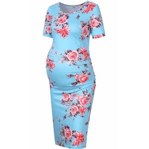 Baby blue with pink roses maternity dress